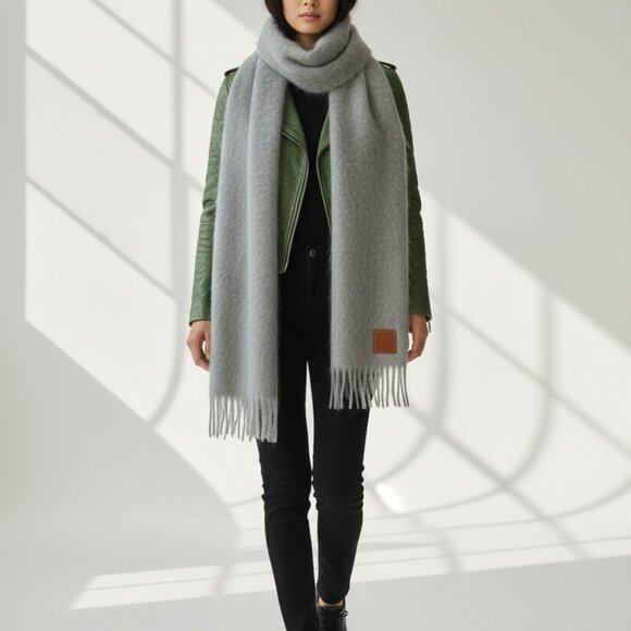 LOEWE Leather-trimmed fringed soft mohair long scarf - Picture 7 of 8